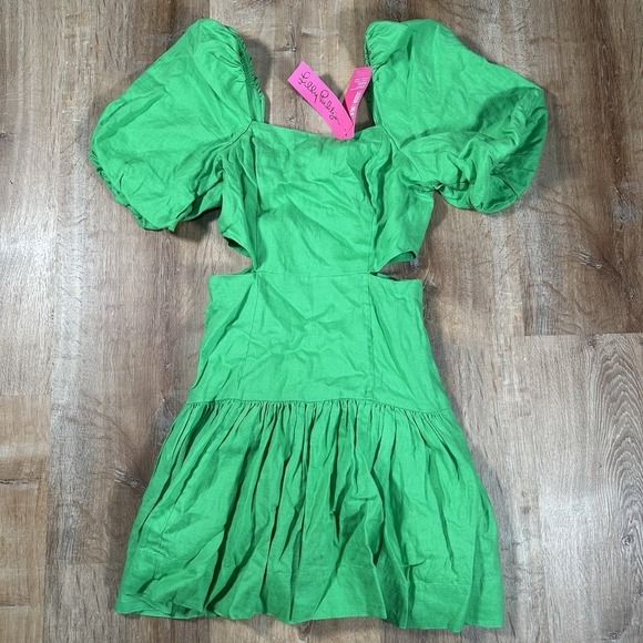 Lilly Pulitzer Dresses & Skirts - NWT Lilly Pulitzer Kylanne Balloon Sleeve Linen Size 00 Mini Dress Gecko Green